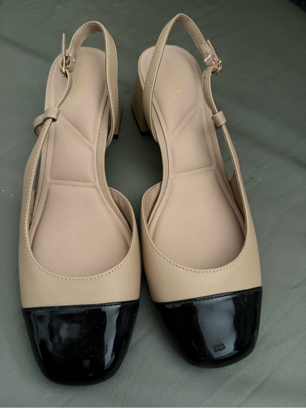 Aldo Beige Slingback Block Heels with Black Cap-Toe